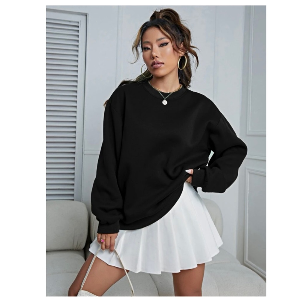 SHEIN Black Solid Round Neck Thermal Pullover Crewneck Sweatshirt Size S